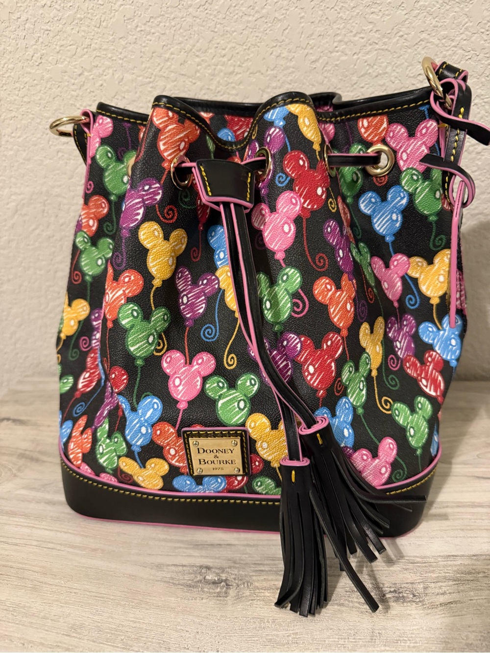 Dooney & Bourke Black Multicolor Balloon Print Drawstring Bucket Bag